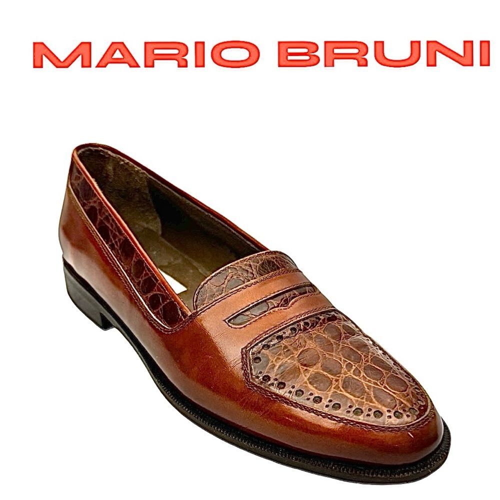 Mario Bruni Mens Loafer Slip On Cognac Leather-Crocodile Size 8 M Pre-Owned